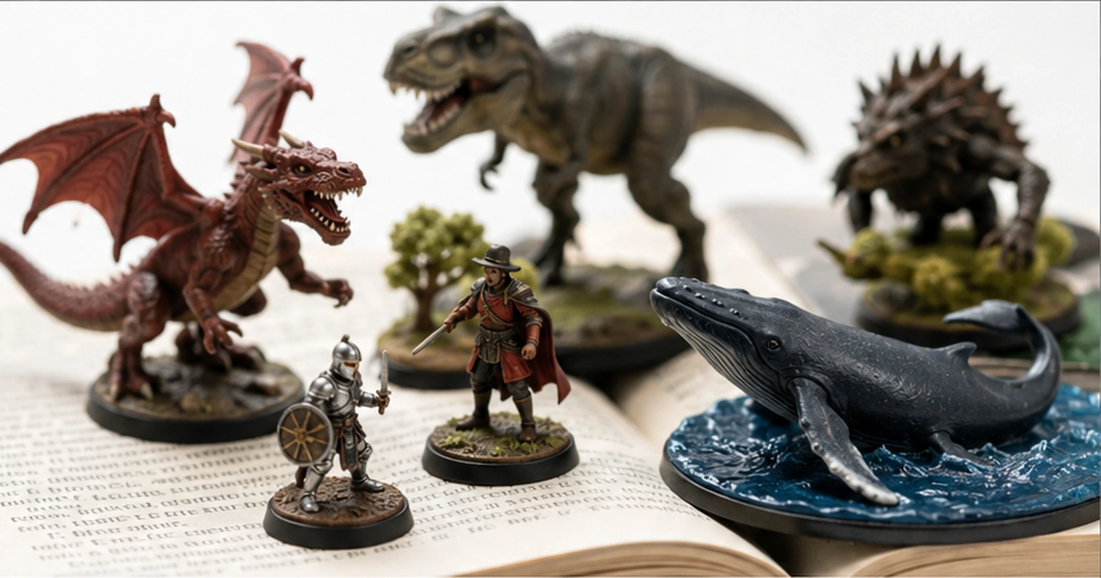 開いた本の上に並ぶドラゴン、騎士、恐竜、クジラなどのミニチュアフィギュア
